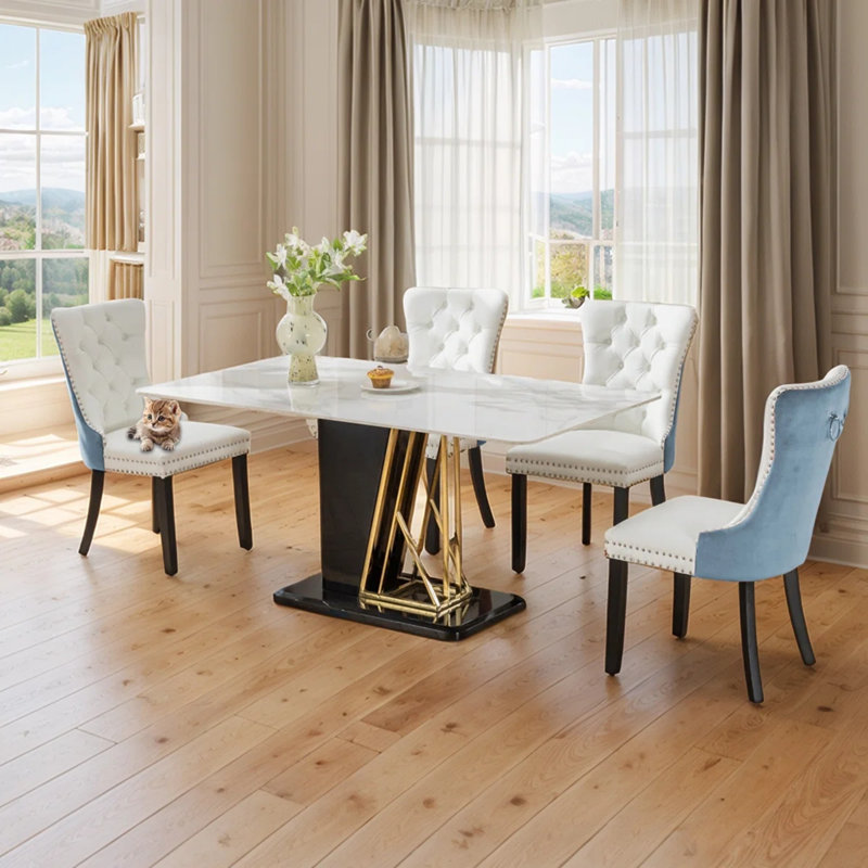 2PCS Modern Velvet Wingback Tufted Solid Wood Upholstered Dining Chairs (Set of 2), White/Blue