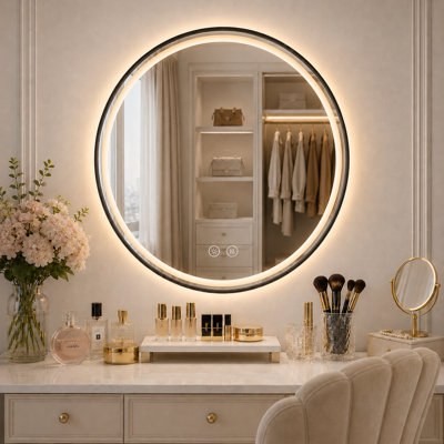 Framed Round LED Backlit Bathroom Mirror with Frosted Light Ring, 3 Color Dimmable Light, Anti-Fog, Shatterproof Glass, Touch Control, Wall Mounted Vanity Mirror