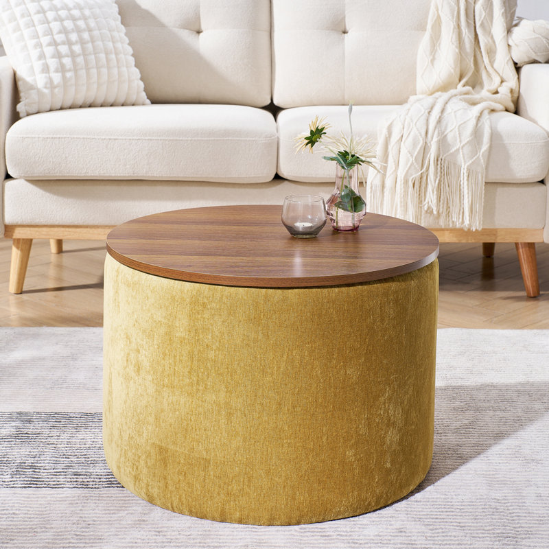 2-Piece Round Chenille Storage Ottoman Set With Drum Stool & MDF Top – Dark Yellow Multifunctional Ottoman & Small Seat For Living Room