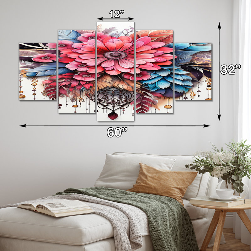 Fleurs de bohème rouge et plumes bleues II - impression d'art mural attrape-rêves - 5 panneaux