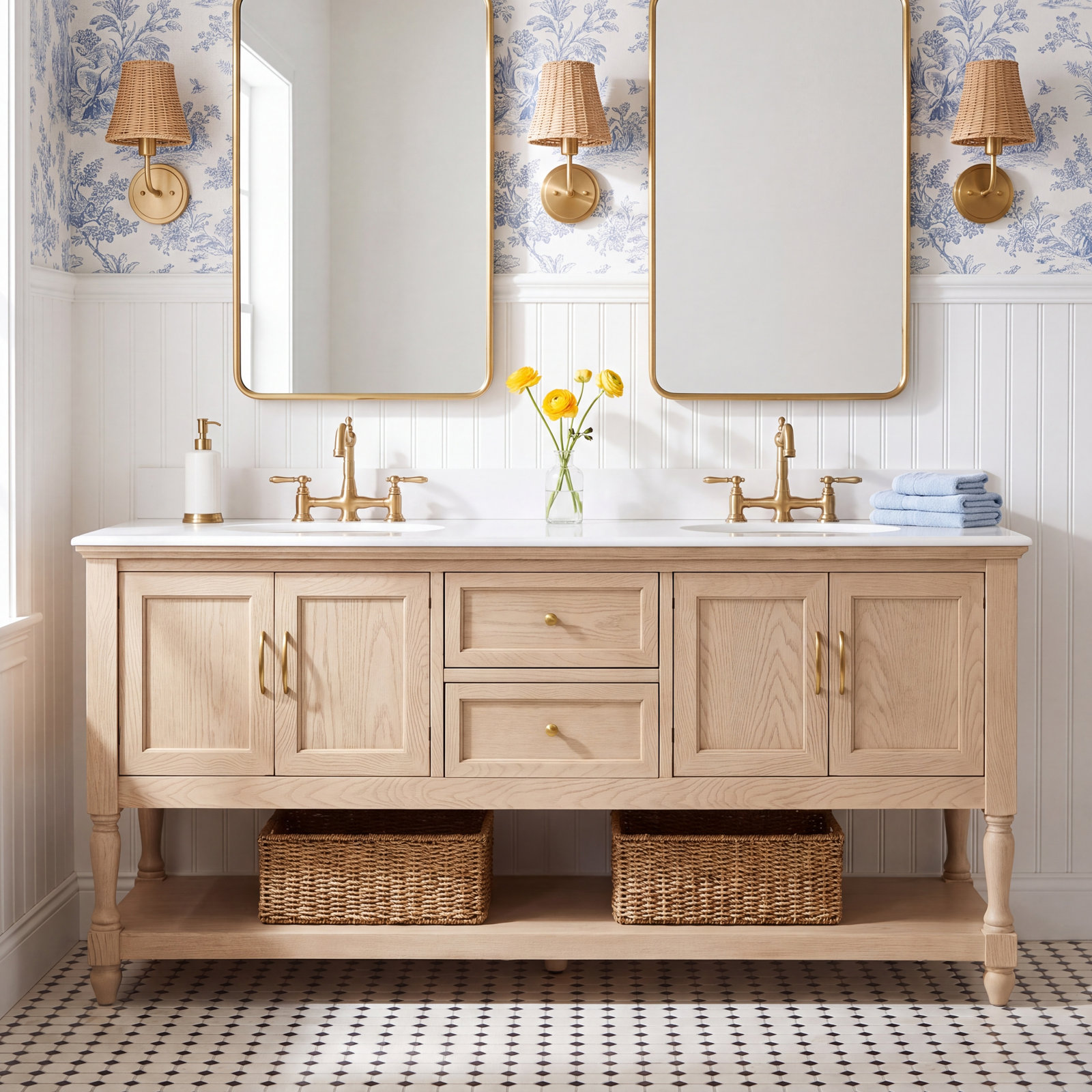 72 " Pine Double Bathroom Vanity, Greige Oak, Engineered White