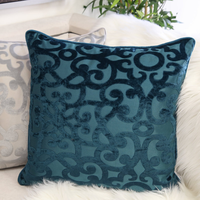 Damask Velvet Throw Pillow, Cerulean