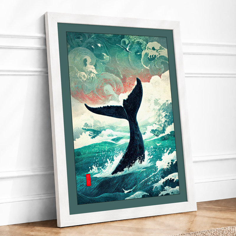 Whale Tail Rising Coastal 1 Piece Single Picture Frame Wall Art, A2 - 59.4 x 42.0 cm, White