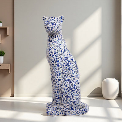Sculpture léopard en mosaïque de porcelaine bleue et blanche - décor moderne luxueux en fibre de verre