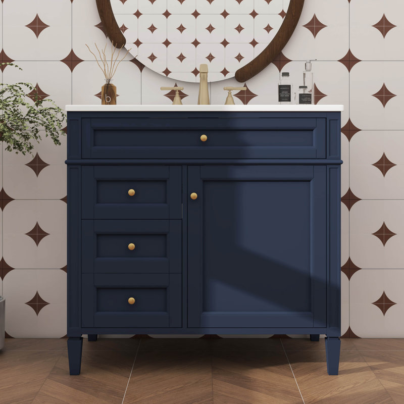 Meuble-lavabo de 36 pouces avec lavabo supérieur, armoire de rangement contemporaine, 2 tiroirs et tiroir basculant, Bleu