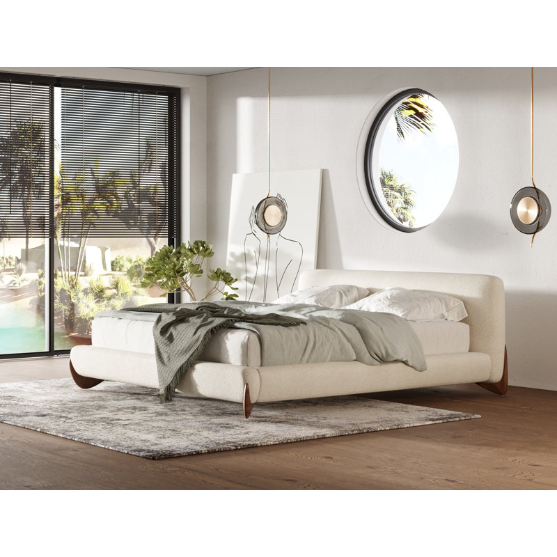 Evas - Lit contemporain en tissu crème et noyer, Grand
