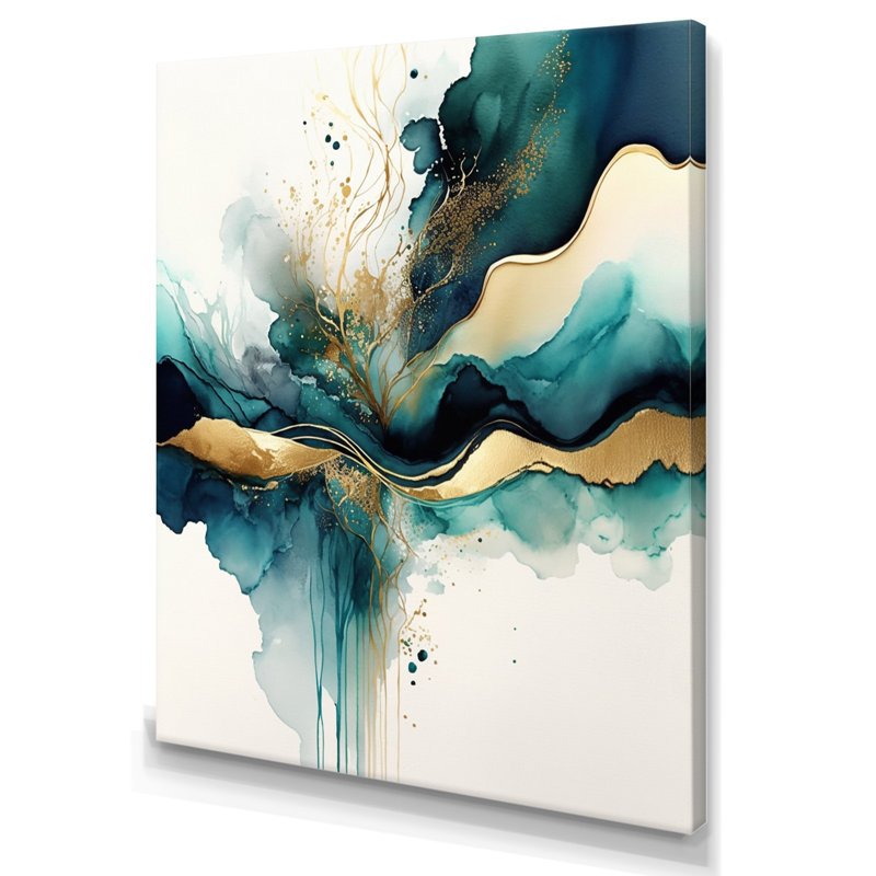 «Teal and Gold Abstract Expression III», art mural moderne sur toile, H 32 po x l 16 po, Toile tendue, Sans cadre