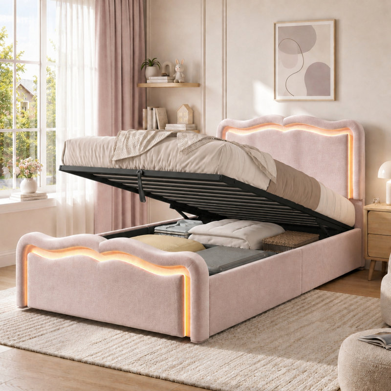 3FT Single Ottoman Bed Frame with Hydraulic Storage & LED Lights, Pink