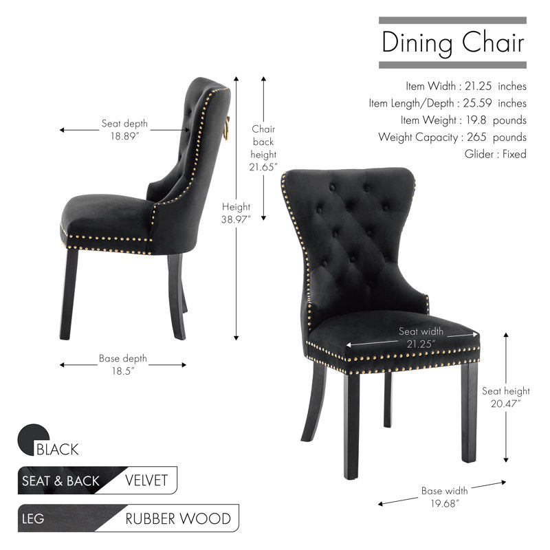 Gislene Tufted Velvet Dining Chair with Rubberwood Legs, Black Velvet, Black