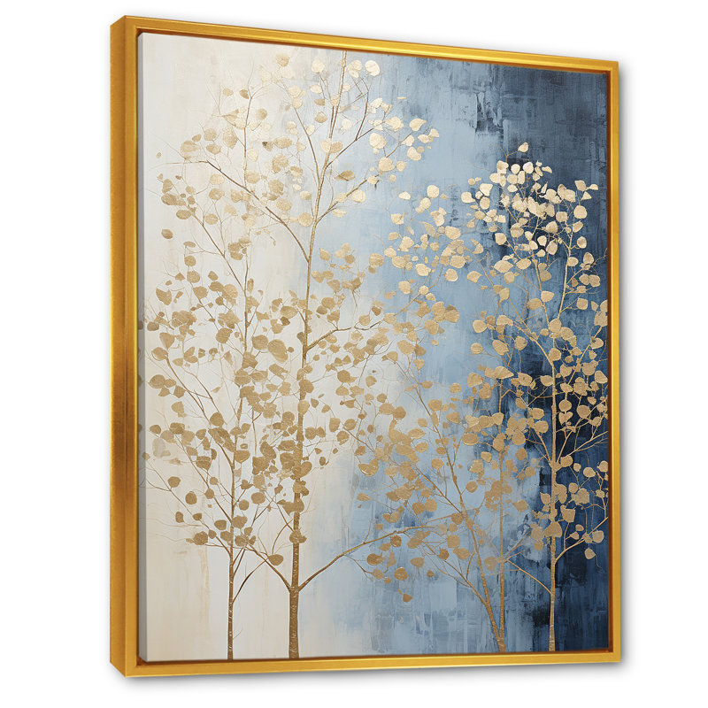 Minimalisme harmonie des arbres beiges et bleus, impression sur toile, Cadre flottant doré, H 40 po x l 30 po x P 1,5 po