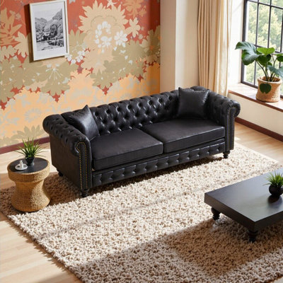 Elegant 85.5" Tech Fabric Chesterfield Sofa - 3-Seater with Rolled Arms & Button Tufting, Perfect for Living Room