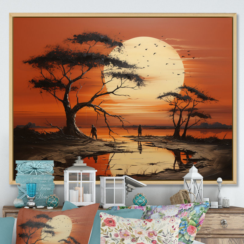 Coucher de soleil africain tribal I - art mural tribal africain, Cadre flottant érable, H 12 po x l 20 po x P 1 po