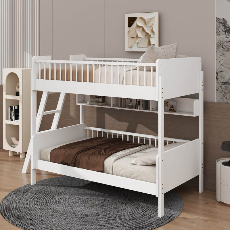 Twin Size Bunk Bed With 3 Storage Shelves,Ladder Can Be Changed Left Or Right, White