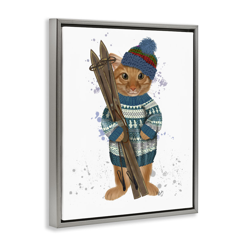 Chat avec des skis d'hiver, art mural par Fab Funky, Cadre flottant gris lustré, H 21 po x l 17 po