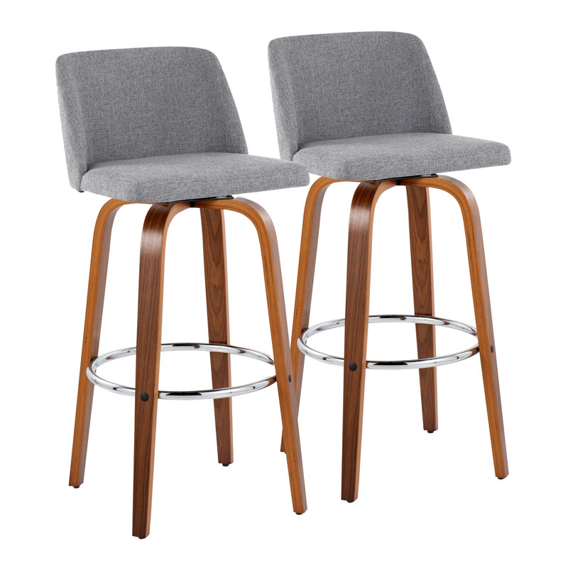 Toriano Swivel Upholstered Counter Stool, Gray Polyester Blend, Walnut/Black, Bar Stool (29.5" Seat Height)