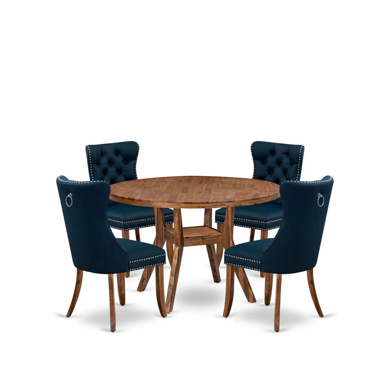 5-Piece Mid Century Kitchen Set with Polyester fabric 4 Navy Blue parson chairs, Button-Tufted Backs, and a 48"Round Table in Antique Walnut Finish.