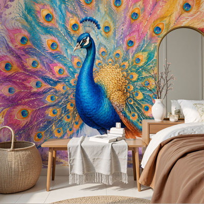Peel and Stick Wallpaper Colorful Peacock Vibrant Feather Display Watercolor Style Wall Murals 69"H x 96"W Removable PVC Wall Paper Self-Adhesive Wall Decor for Bedroom Home Office