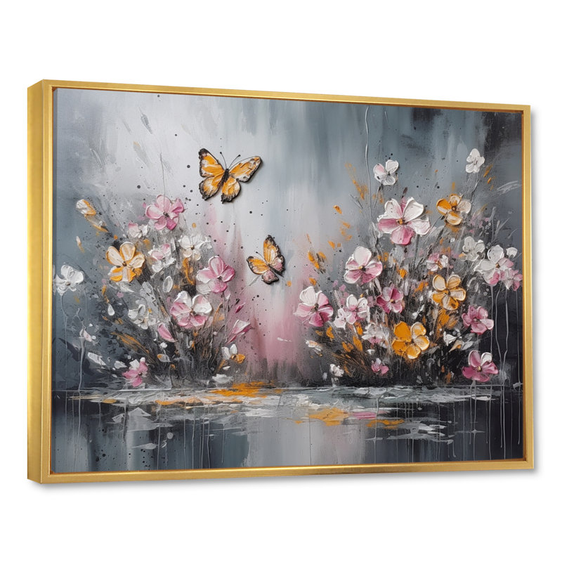 Fleurs de Rylène avec papillons blancs II - art mural floral grand, H 16 po x l 32 po x P 1 po, Cadre flottant doré