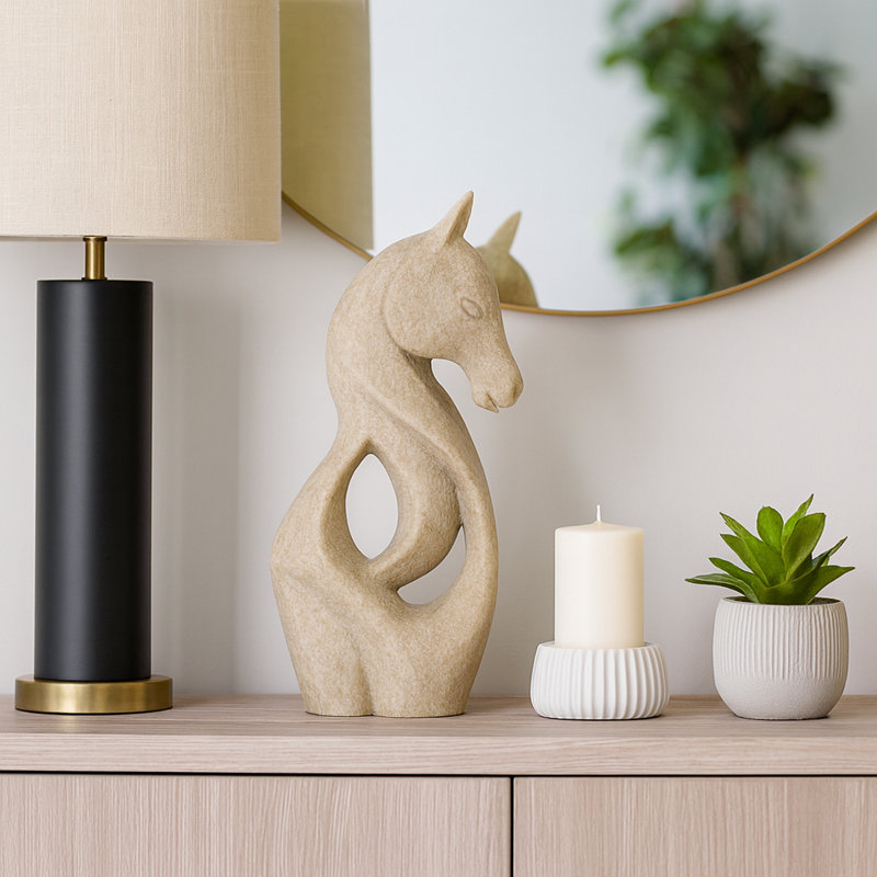 Sculpture décorative de cheval pour la cuisine, la maison et le salon - Figurine et statues modernes pour bureau ou table basse - Objets de décoration uniques - 15 po, beige