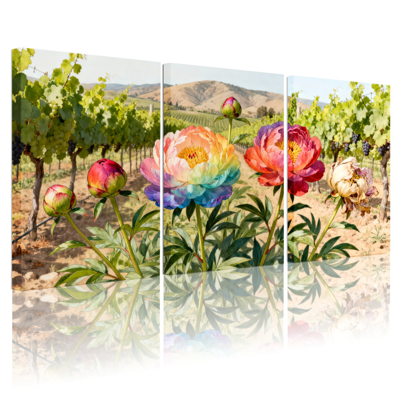 Ensemble de 3 tableaux sur toile représentant un paysage de vignes et de pivoines, H 30 po x l 60 po