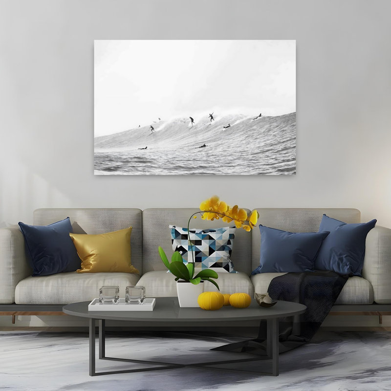 Art mural abstrait contemporain Wave Surfers BW, H 40 po x l 60 po