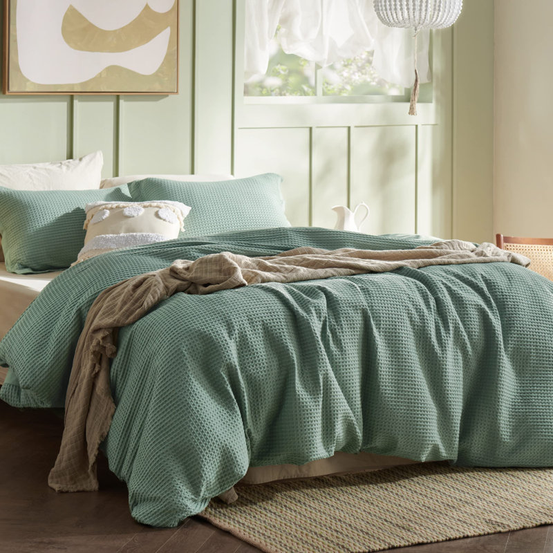 Essential Collection 100% Cotton Waffle Weave Duvet Cover Set, Queen Duvet Cover + 2 Standard Shams, Green
