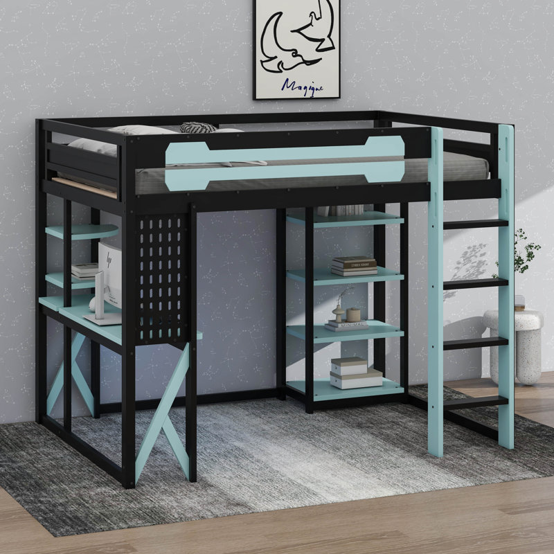 Full Size Wood Loft Bed With LED, Desk And Shelves, Wood Gaming Loft Bed, Black/Blue