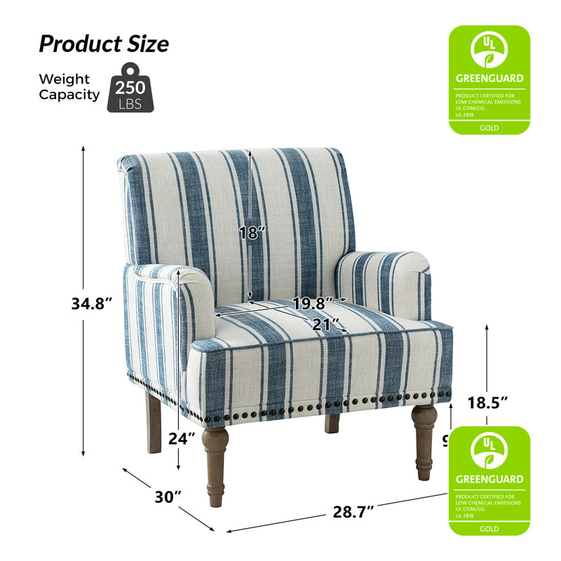 Arching 28.7"W Armchair with Solid Wood Legs and Nailhead Trim, Navy Polyester