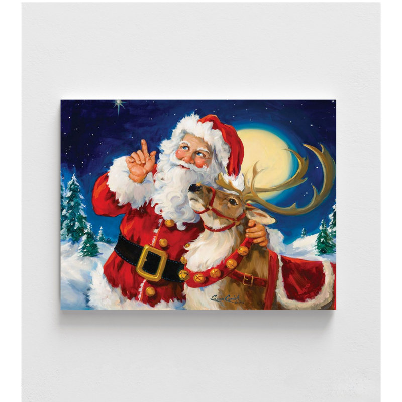 Renne de père Noël par Susan Comish, affiche animal d'hiver, affiche de père Noël traditionnel, décor de loft saisonnier, art mural plat festif