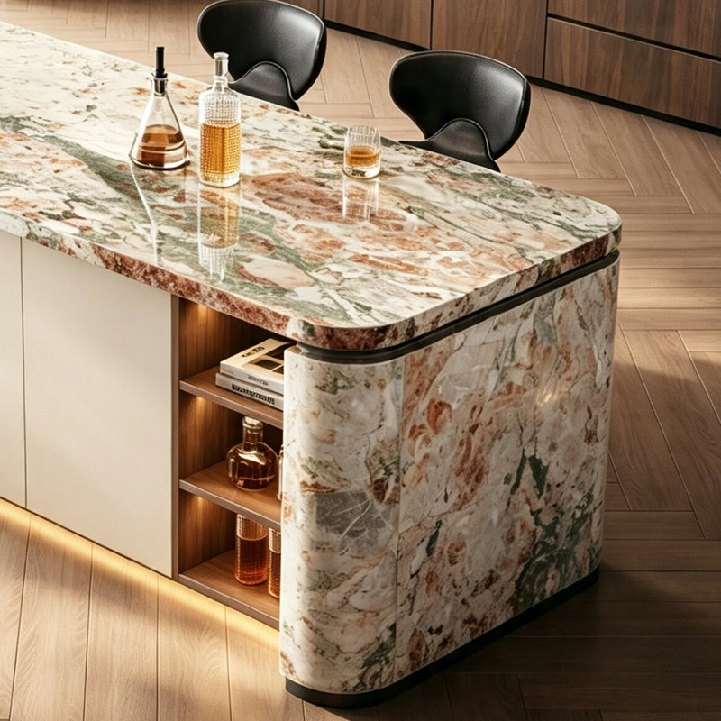Îlot de cuisine avec plateau en marbre, armoires de rangement, tablettes ouvertes et éclairage à DEL, table de salle à manger, bar à déjeuner, bar personnel, aucun assemblage requis