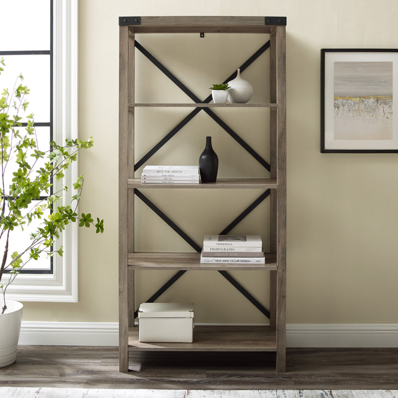 Larenda 64" H x 30" W Etagere 4-Shelf Bookcase, Gray Wash