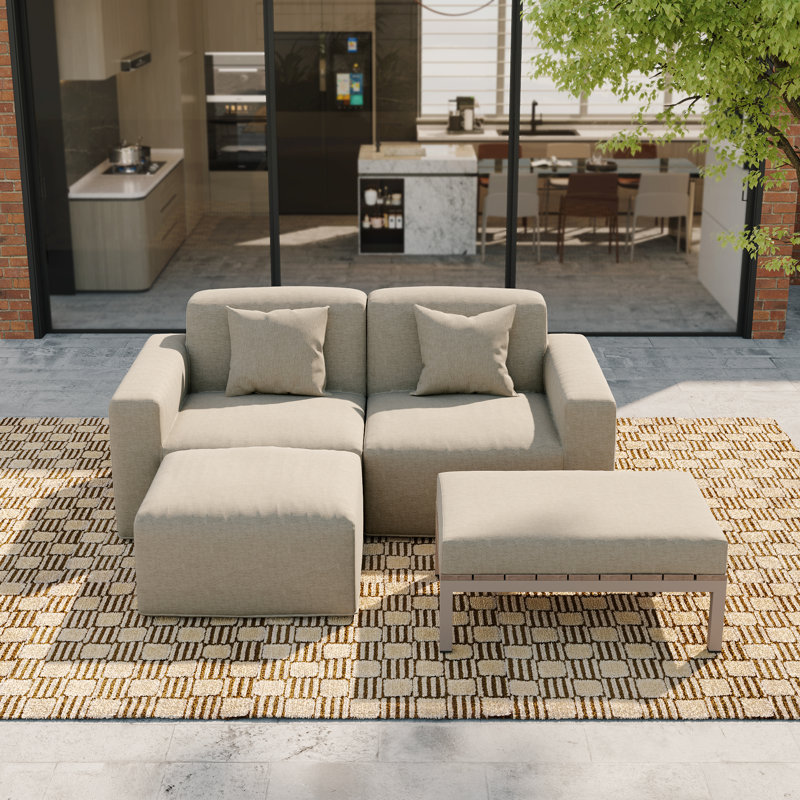 Ensemble de mobilier de jardin moderne Lemieux 4 pièces, 2 fauteuils (gauche + droite) + pouf + table basse, tissu résistant aux intempéries et aux UV, aucun assemblage requis