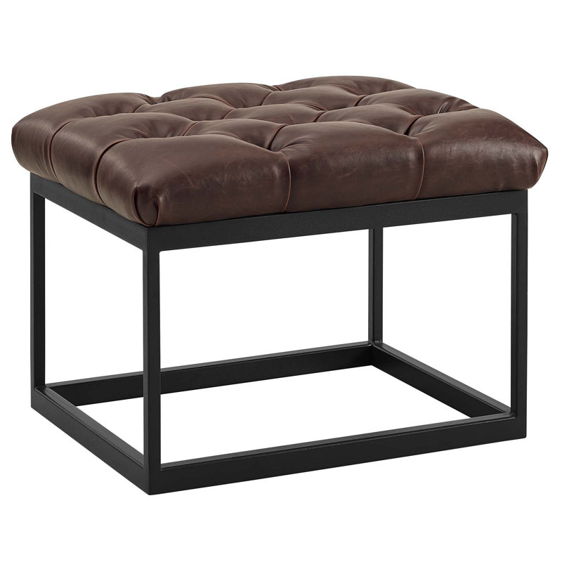 Brown Tufted Faux Leather Ottoman with Black Iron Base