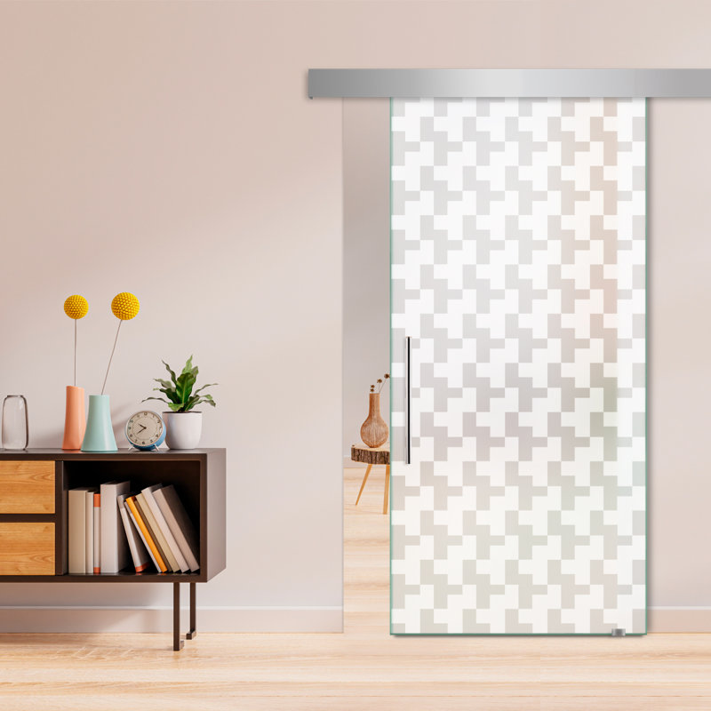 Porte de grange coulissante en verre sans cadre avec design moderne sablé + ensemble de quincaillerie (double-privée)