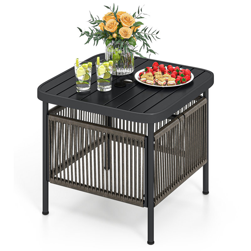 Outdoor PE Rattan Side Table w/ 1.57'' Umbrella Hole Square Patio End Table, 1