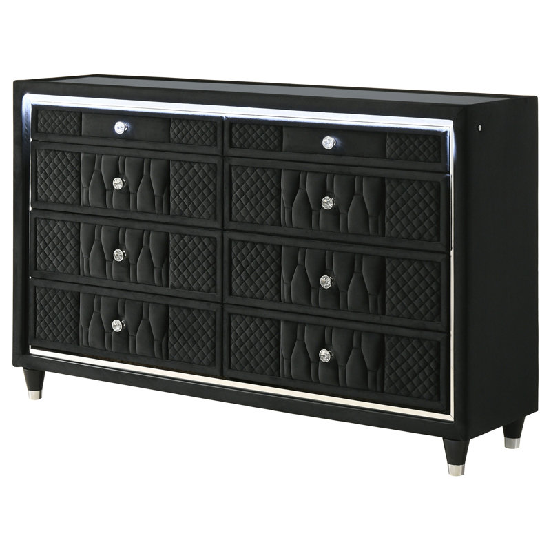 Commode 8 tiroirs rembourrée en velours noir avec éclairage à DEL, plateau en verre trempé, boutons en cristal et tiroirs en feutre pour la chambre à coucher