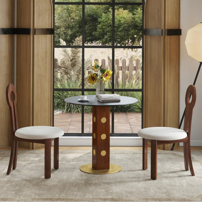 Table de salle à manger ronde moderne, table en pierre frittée de 33,5 po avec pieds en bois et base dorée, table de cuisine pour 2 personnes pour petit espace, capacité de poids de 150 lb (seulement la table de Négociation)
