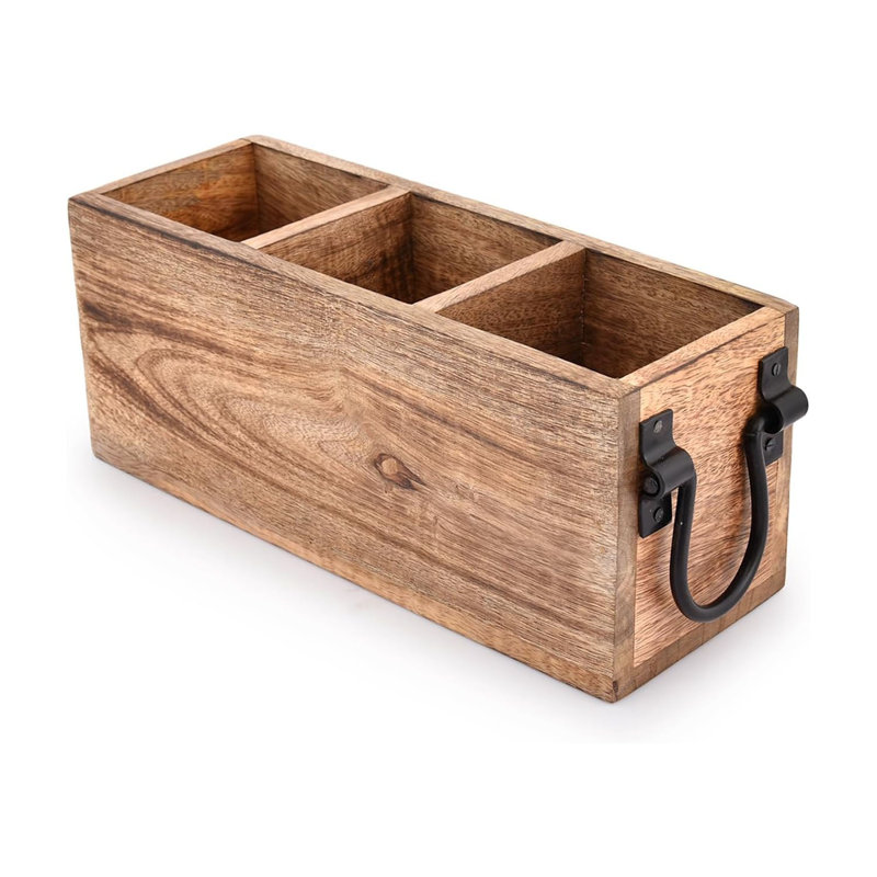 Range-ustensiles de comptoir à 3 compartiments en bois de manguier à 3 compartiments pour fourchettes, cuillères et spatules 11 po x 4 po x 4,5 po