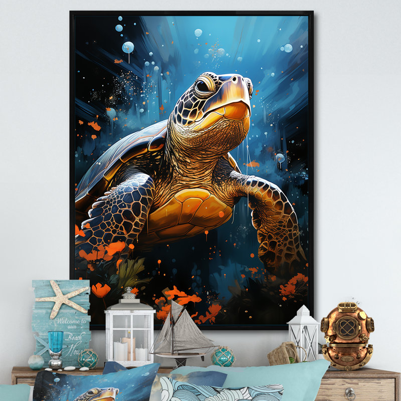 «Curious Underwater Sea Turtle IV», reproduction sur toile, Cadre flottant noir, H 32 po x l 24 po x P 1 po