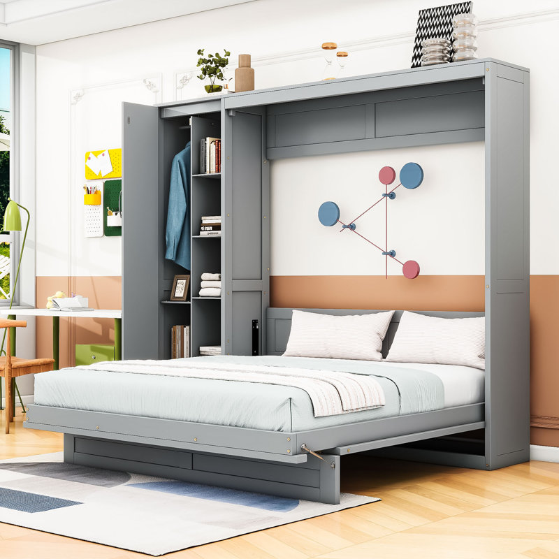 Lit escamotable avec rangement intégré et lumières DEL, Grand lit, Gris