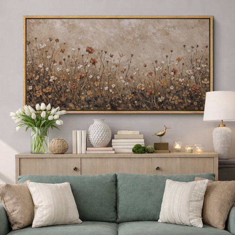Autumn Wildflower Meadow Artwork, Living Room Pictures, Framed Canvas Giclee Print Wall Art, 30" H x 60" W