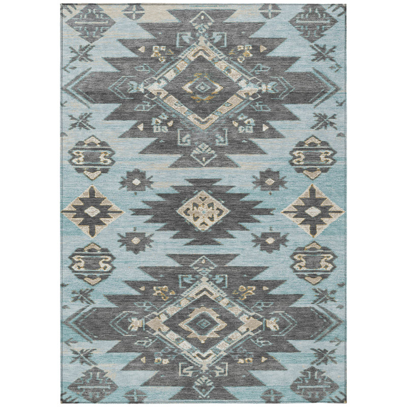 Machine Washable Indoor/Outdoor Xhevrie Teal Rug, Rectangle 2'6" x 3'10"
