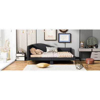 Lit de jour rembourré gris avec lit double, tête de lit, accoudoirs et pieds de soutien ferme - Taille confortable de la base de repos et confort à long terme