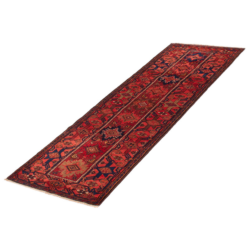 Tapis de couloir unique en laine noué à la main de style années 2000 de 3 pi 3 po x 10 pi en rouge / bleu marine foncé / beige Amandi