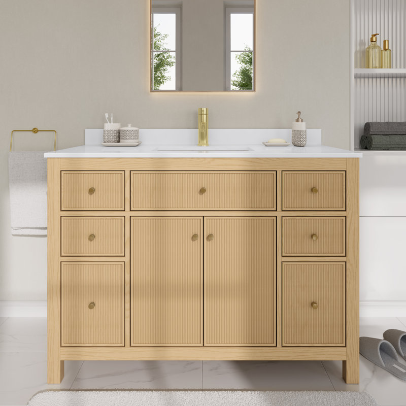 Meuble-lavabo simple autoportant avec plateau en quartz Pendry, Or brossé, Single Hole, 48"
