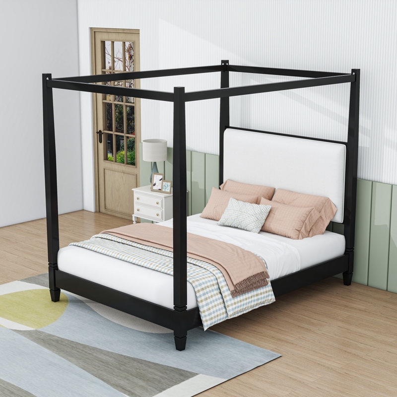 Lit plateforme élégant à baldaquin en bois avec tête de lit tapissier, Grand lit, Noir