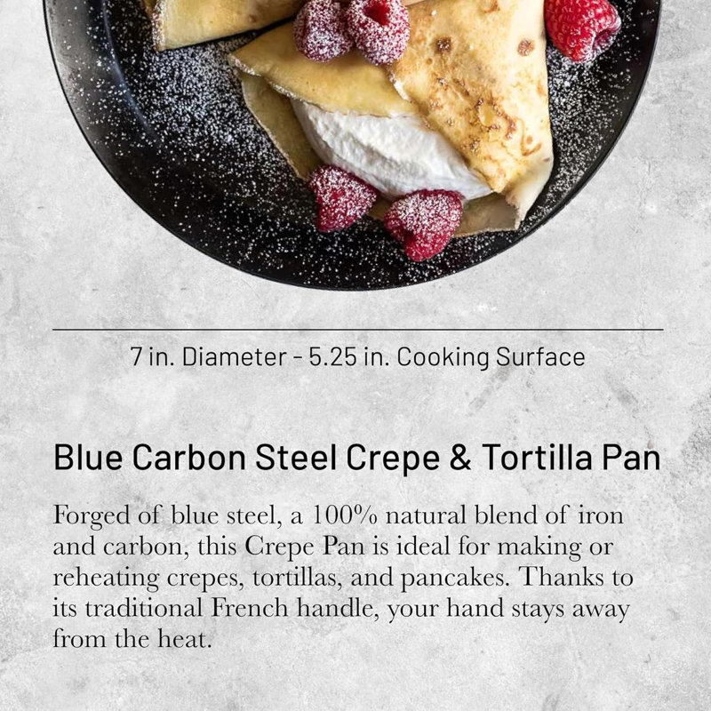 Poêle à crêpes et tortillas en acier au carbone bleu De Deer - 7 po de diamètre, 5,25 po de surface de cuisson, bleu foncé