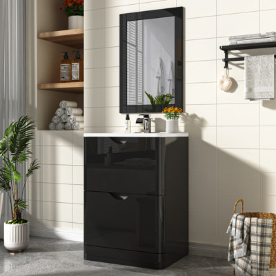 Ensemble de meuble-lavabo 24 po avec lavabo en céramique, miroir et robinet inclus - Armoire autoportante avec tiroirs à fermeture en douceur pour les petites salles de bain