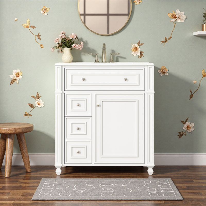 Meuble-lavabo de salle de bain avec lavabo en céramique, 30 po, armoire de rangement avec portes à fermeture en douceur et organisateur de porte