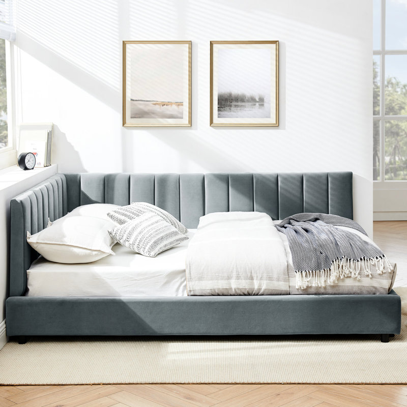 Comfortable Upholstered Bed, Full Size With Grey Velvet And Stable / In Construction Armrest/